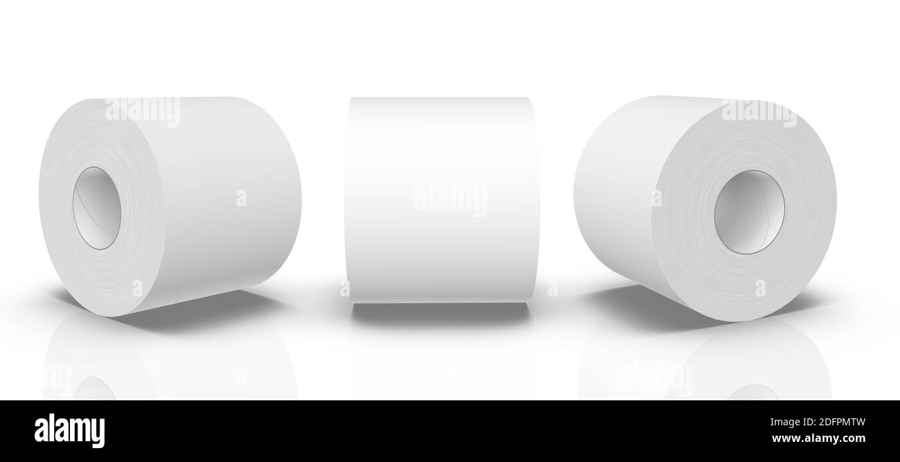 3D-Rendering - hochauflösendes Bild weiße Toilettenpapiervorlage isoliert auf weißem Hintergrund, hochwertige Details Stockfoto