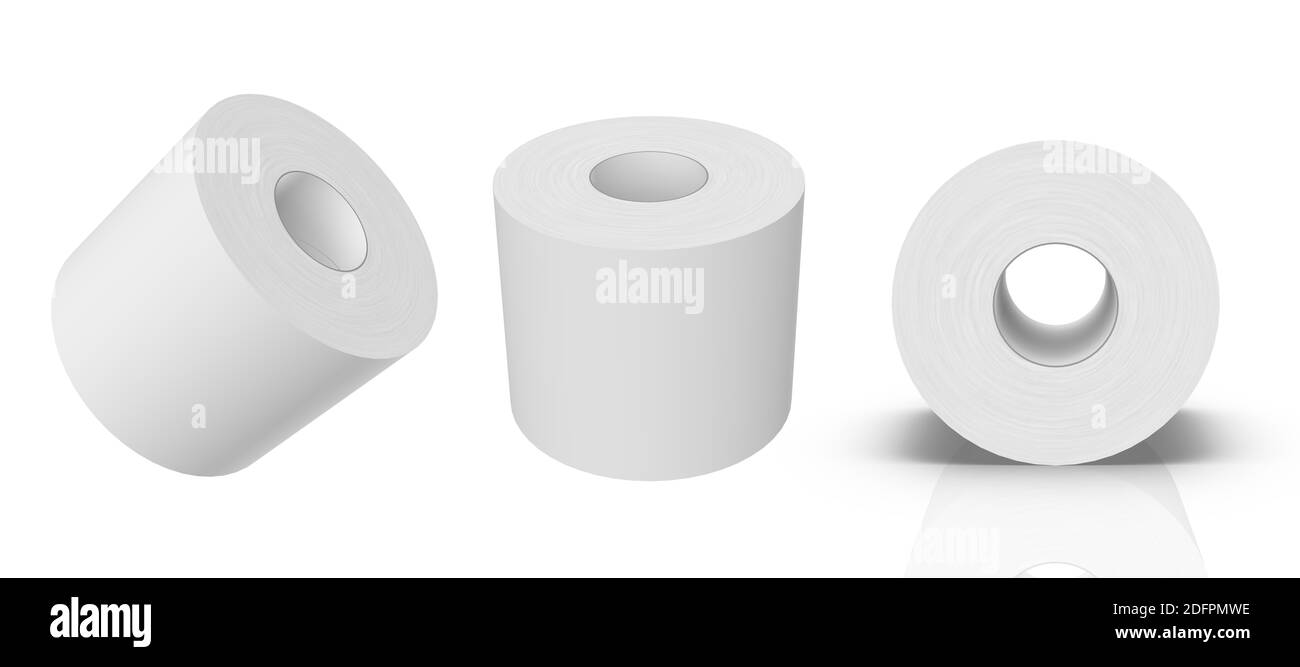 3D-Rendering - hochauflösendes Bild weiße Toilettenpapiervorlage isoliert auf weißem Hintergrund, hochwertige Details Stockfoto