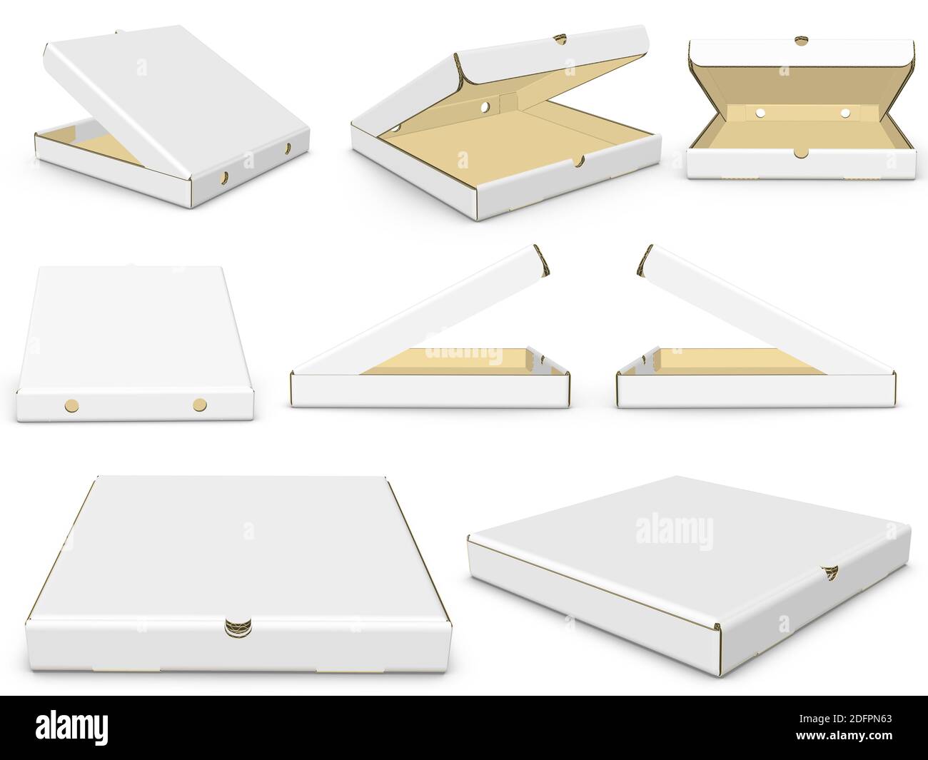 3D-Rendering - hochauflösendes Bild weiße Pizza-Box Vorlage isoliert auf weißem Hintergrund, hochwertige Details aus Pappe Stockfoto