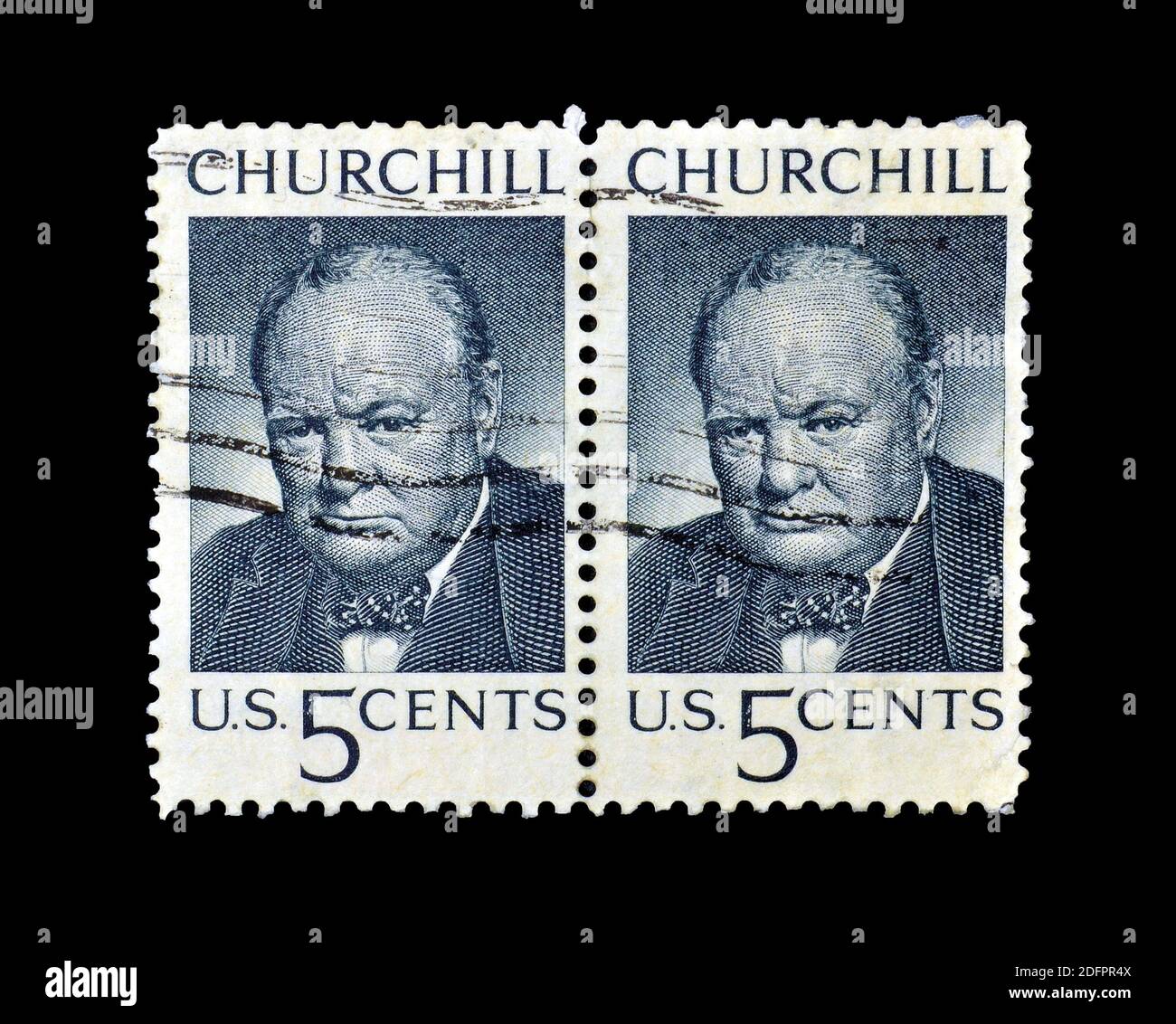 Abgesagte Briefmarke gedruckt von USA, die Winston Churchill zeigt, um 1965. Stockfoto