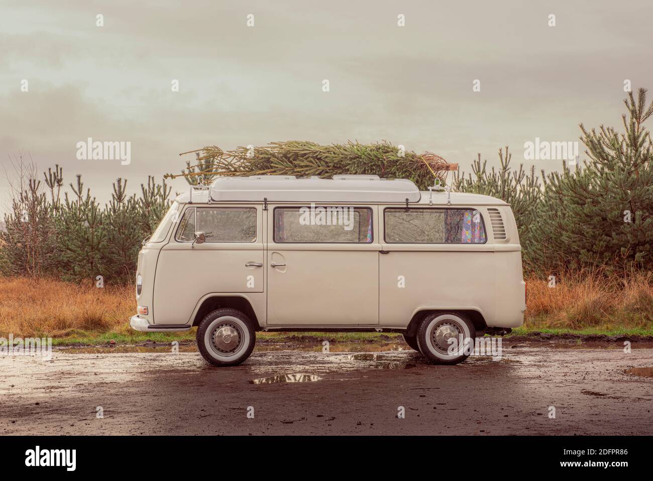 1972 VW Bay Window Campervan geparkt mit Weihnachtsbaum auf Dach. Stockfoto