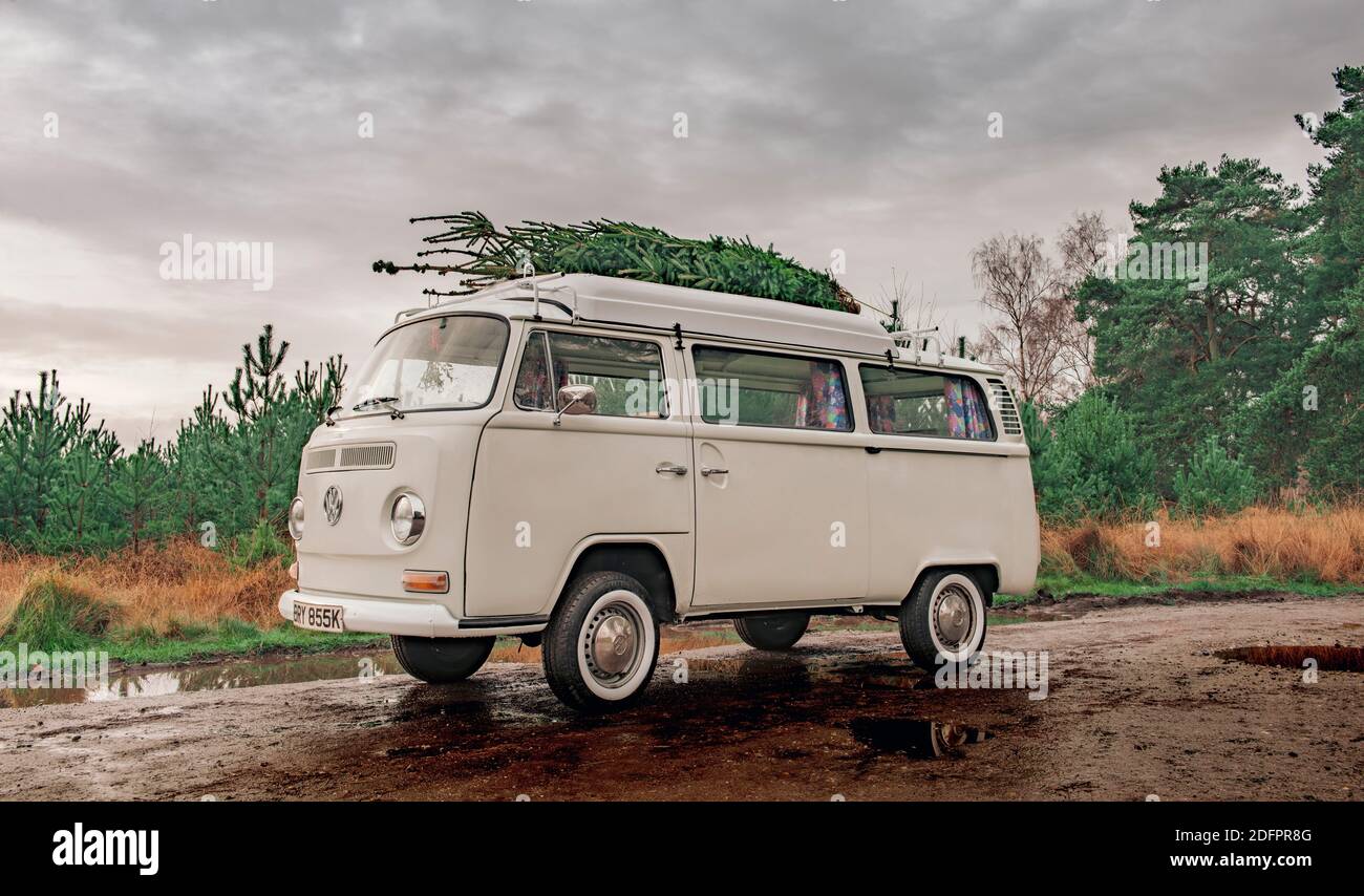 Vintage-Wohnmobil mit frisch geschnittenem Weihnachtsbaum auf dem Dach. Stockfoto