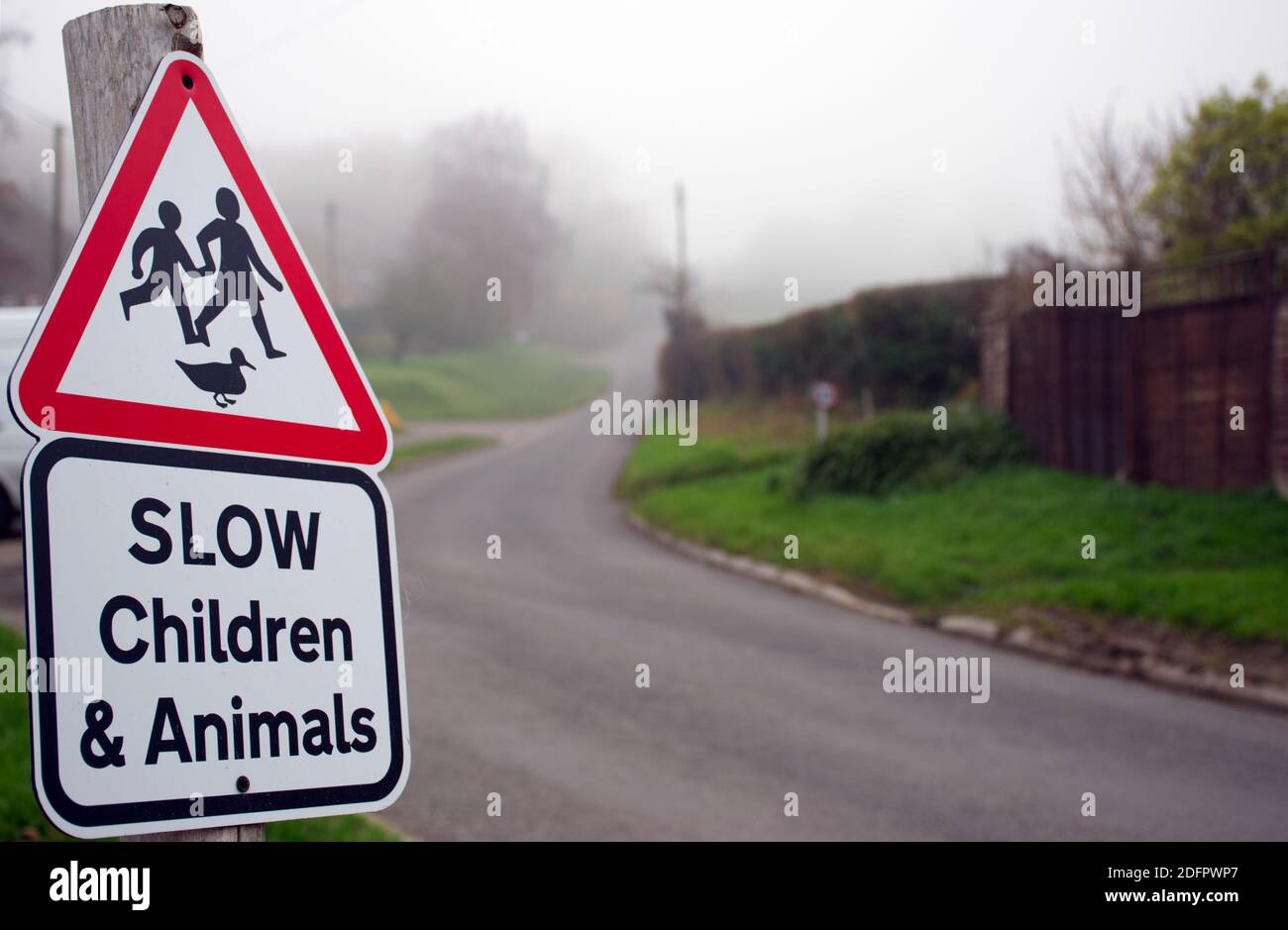 Ein Warnschild für Autofahrer von Kindern und Tieren auf der Straße auf einer Landstraße bei nebligen Wetter. Stockfoto