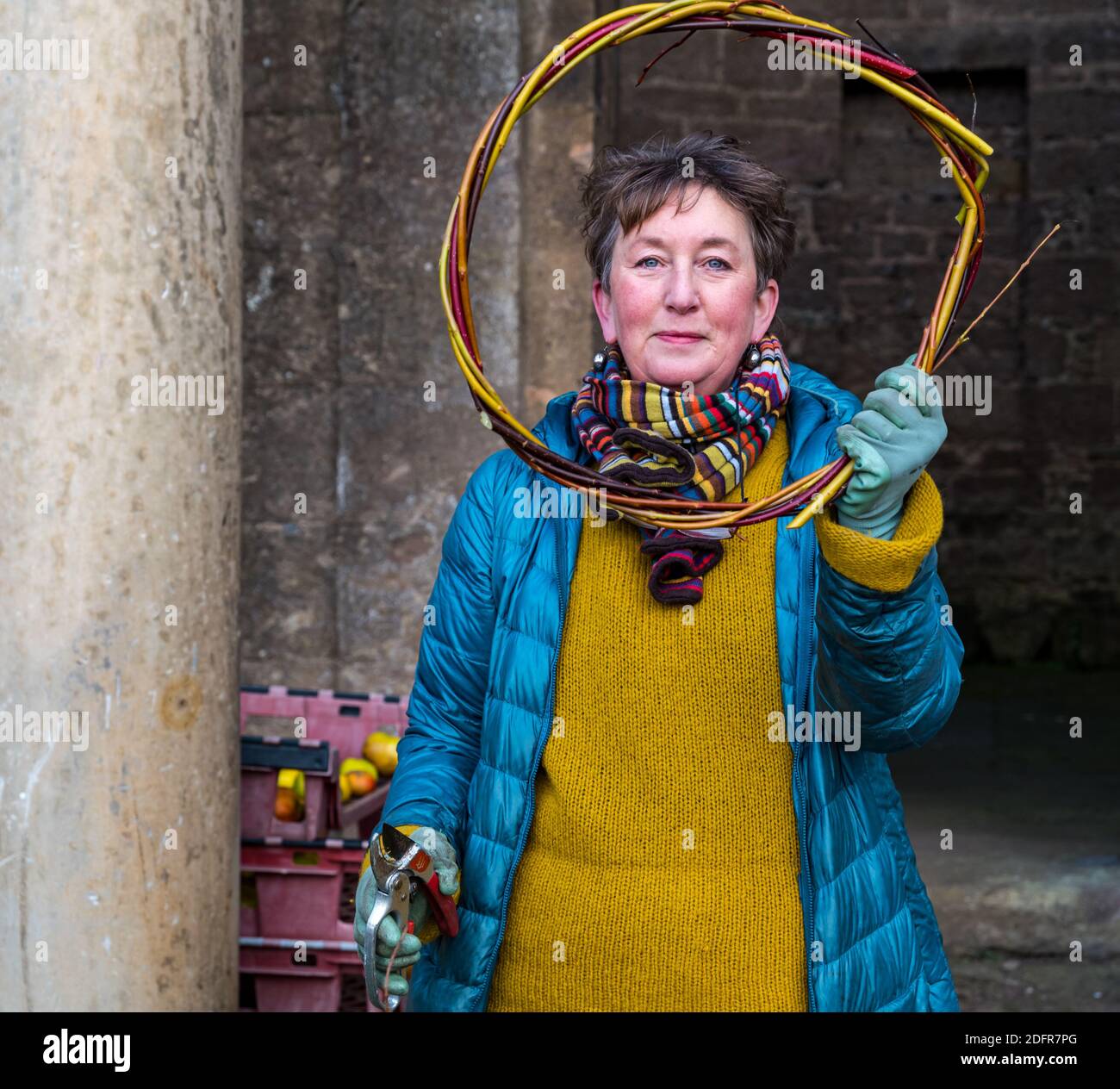 Ruth Alder, blumenschmied, webt Weide zu einem Weihnachtskranz Dekoration und schmückt mit Blumen und Laub, Schottland, UK Stockfoto