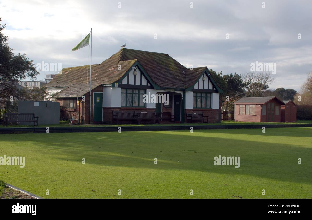 Das Bexhill Bowling Club Clubhaus im Egerton Park Stockfoto