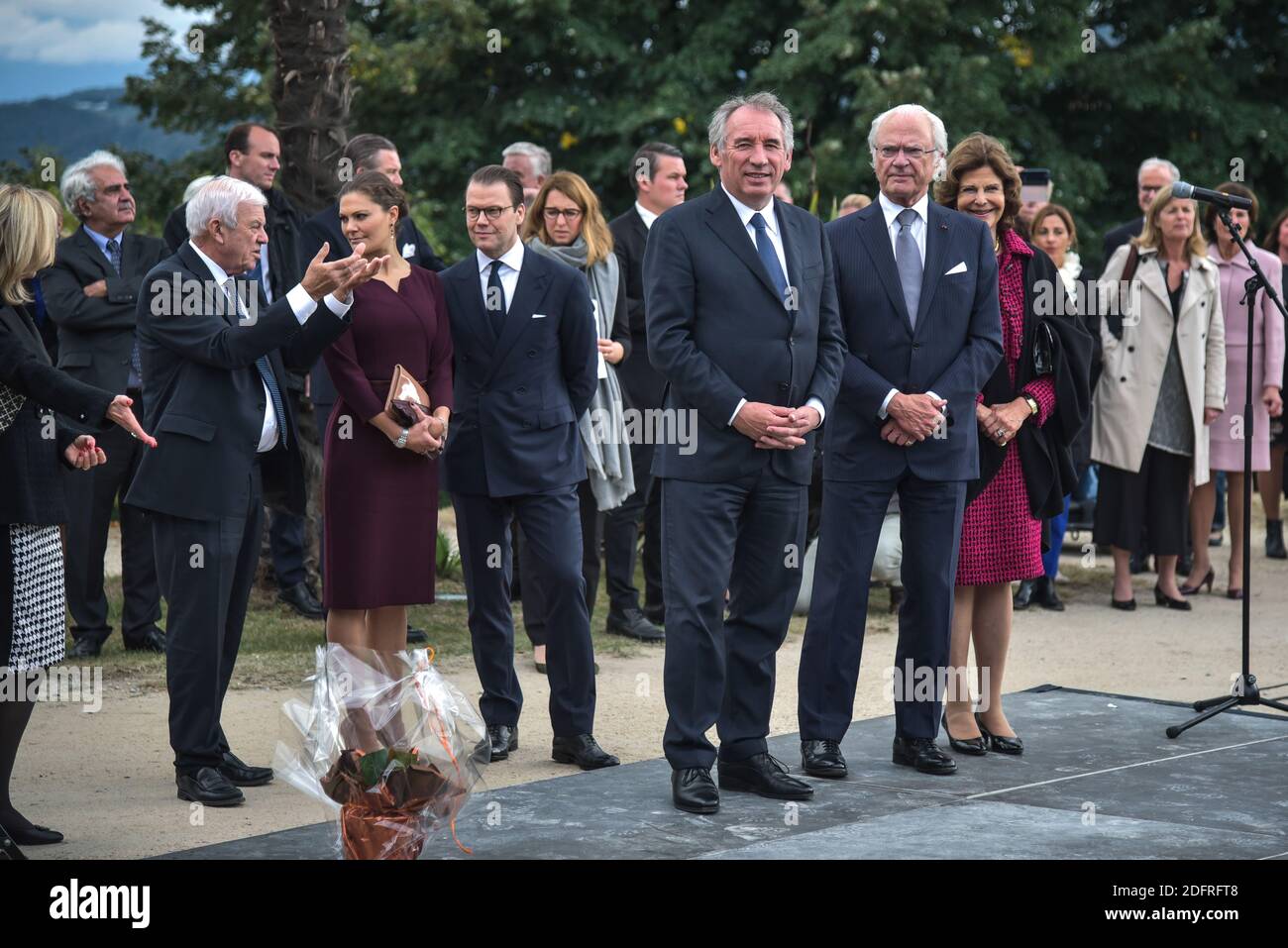 König Carl Gustav, Königin Silvia, Prinzessin Victoria und Prinz Daniel mit Francois Bayrou Major der Stadt im Parc Beaumont in Pau, Frankreich am 8. oktober 2018. Foto von Quentin Top/ABACAPRESS.COM Stockfoto