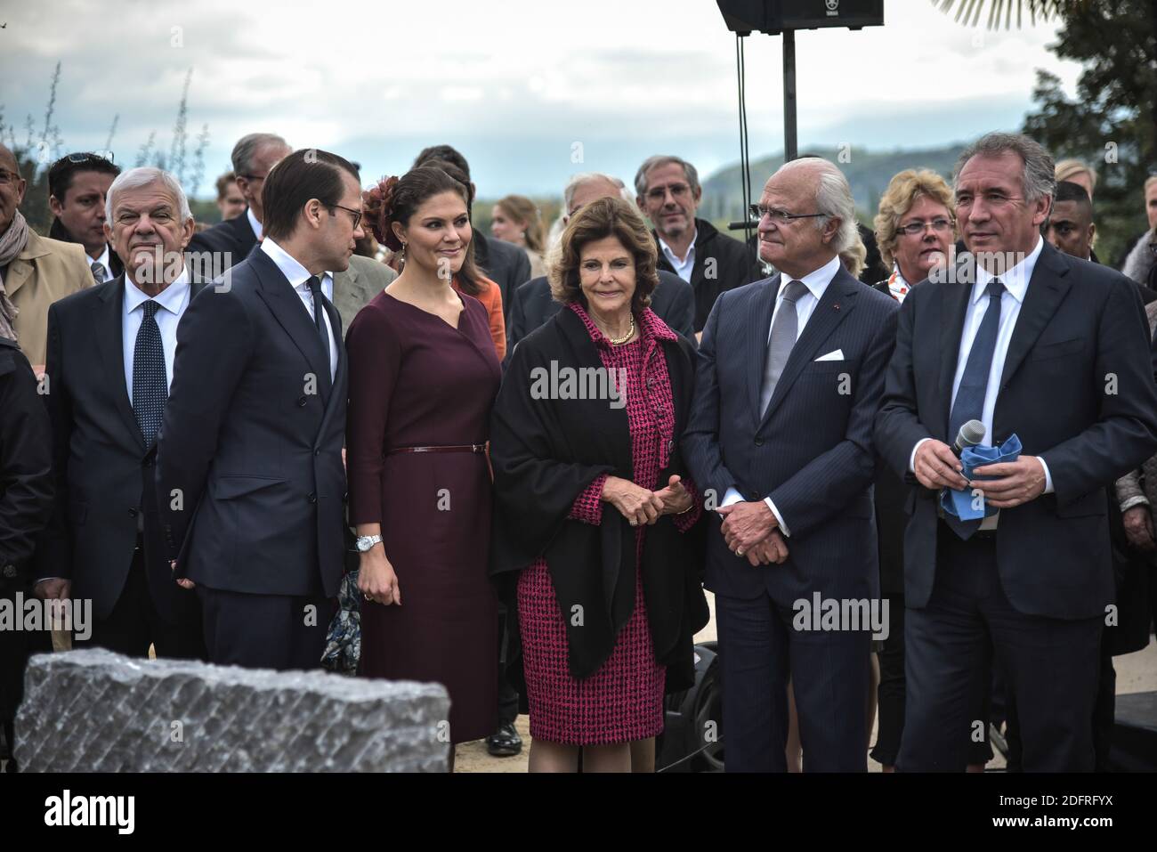 König Carl Gustav, Königin Silvia, Prinzessin Victoria und Prinz Daniel mit Francois Bayrou Major der Stadt im Parc Beaumont in Pau, Frankreich am 8. oktober 2018. Foto von Quentin Top/ABACAPRESS.COM Stockfoto