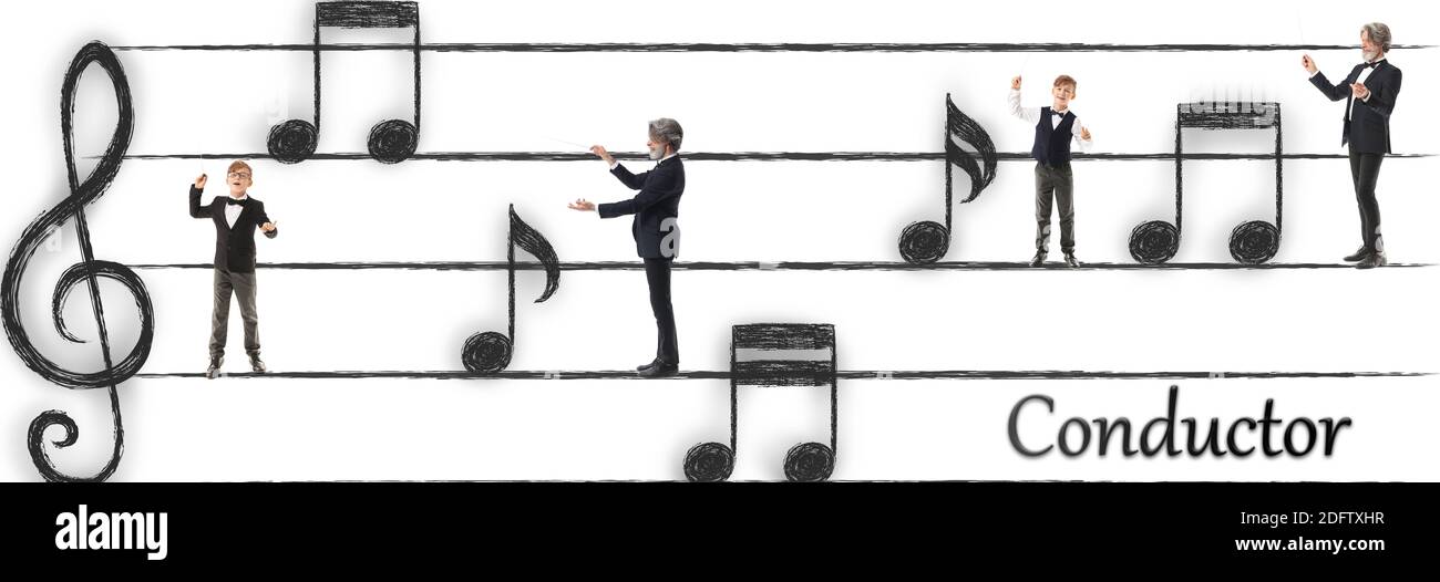 Musikstab mit Notenschildern und Dirigenten auf weißem Hintergrund Stockfoto