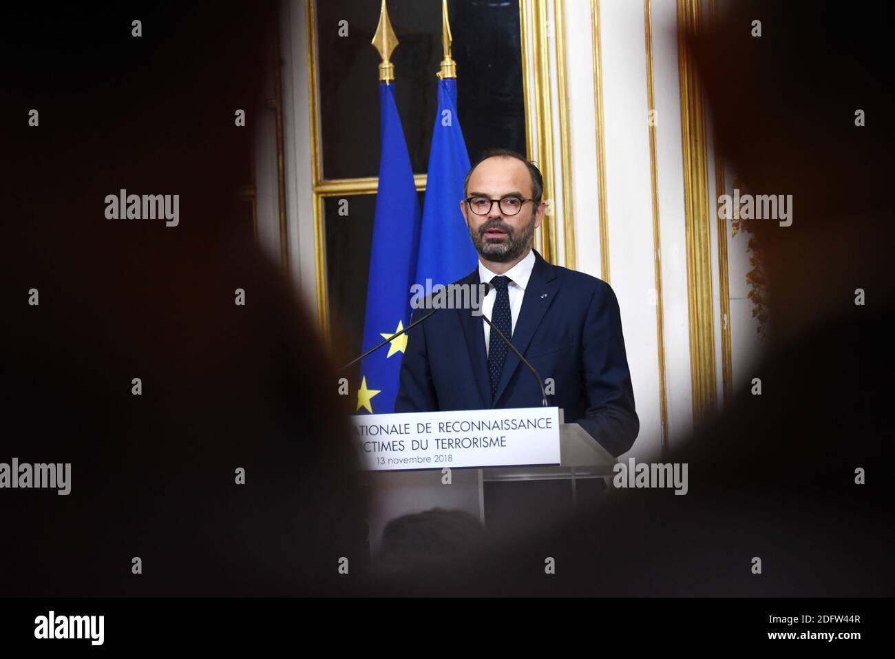 Premierminister Edouard Philippe bei der Verleihung der nationalen Medaille zur Anerkennung der Opfer des Terrorismus im Hotel de Matignon in Paris, Frankreich am 13. November 2018. Foto von Alain Apaydin/ABACAPRESS.COM Stockfoto
