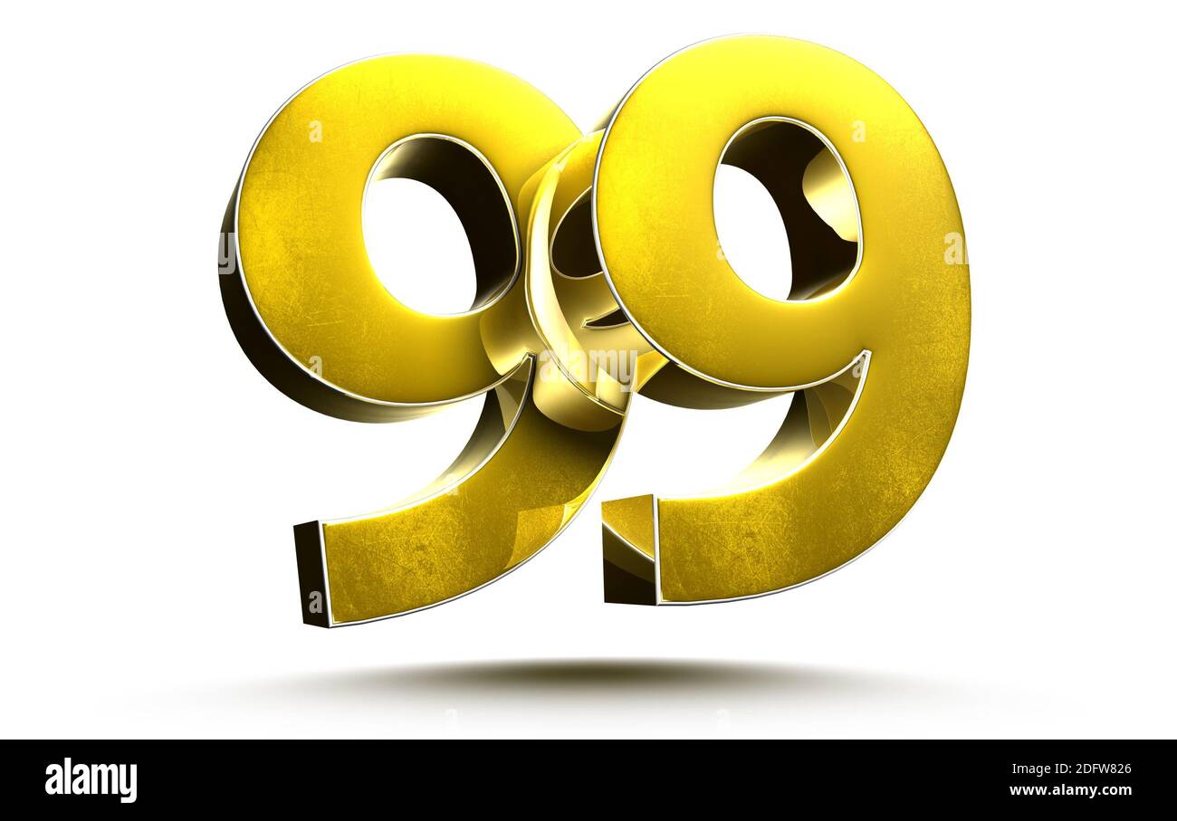 Gold Zahlen 99 isoliert auf weißem Hintergrund Illustration 3D-Rendering mit Beschneidungspfad. Stockfoto