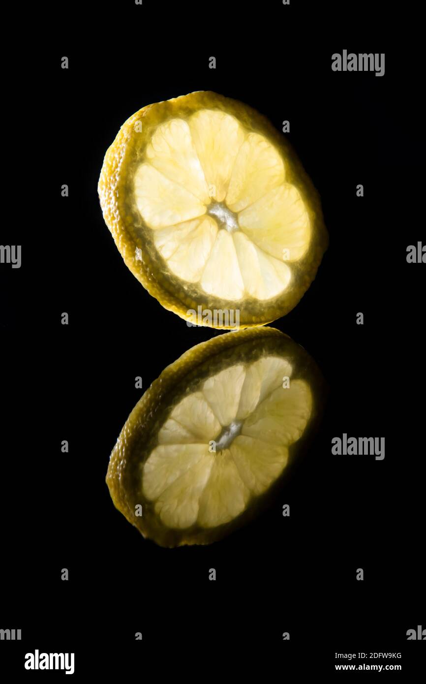 Scheibe Zitronenhintergrund vor schwarzem Hintergrund Stockfoto