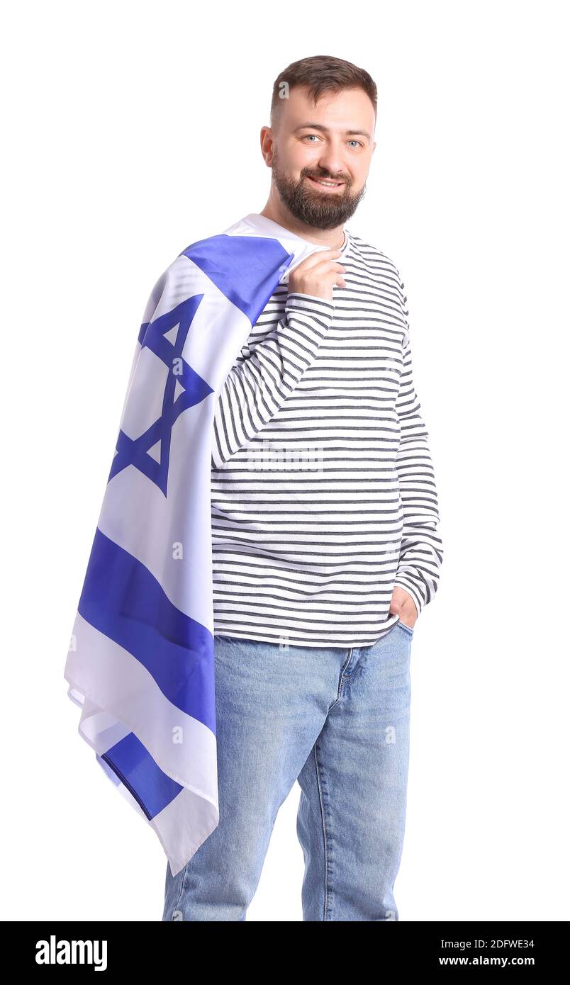 Mann mit der Flagge Israels auf weißem Hintergrund Stockfoto