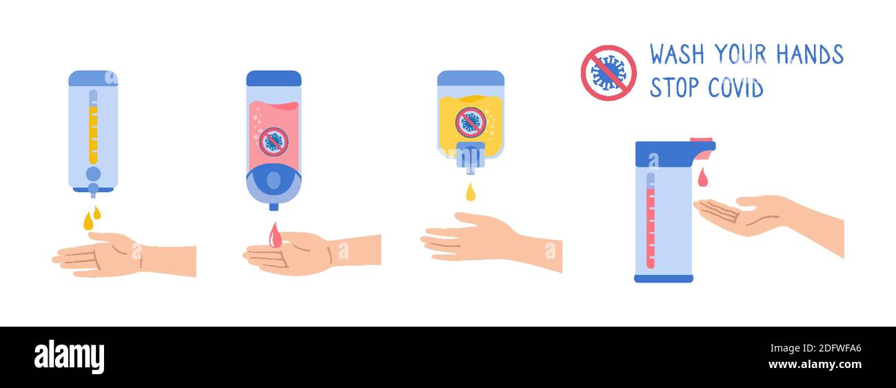 Richtige Hände waschen, Desinfektionsmittel Wand, vorbeugende Wartung Bakterien Cartoon-Set. Infografik: Händewaschen, Desinfektion, Hygiene. Antiseptische Gelsammlung. Vektorgrafik Gesundheitswesen Stock Vektor