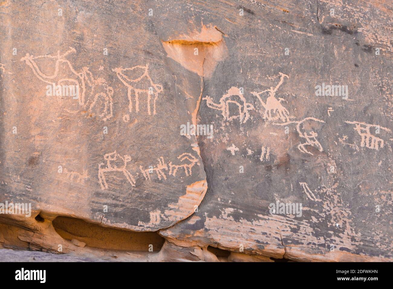 Petroglyphen und Thamudische Inschriften in Felsen in Wadi Run, Southern Jordang. Zeichnungen von Menschen und Tieren auf Felsen. Stockfoto
