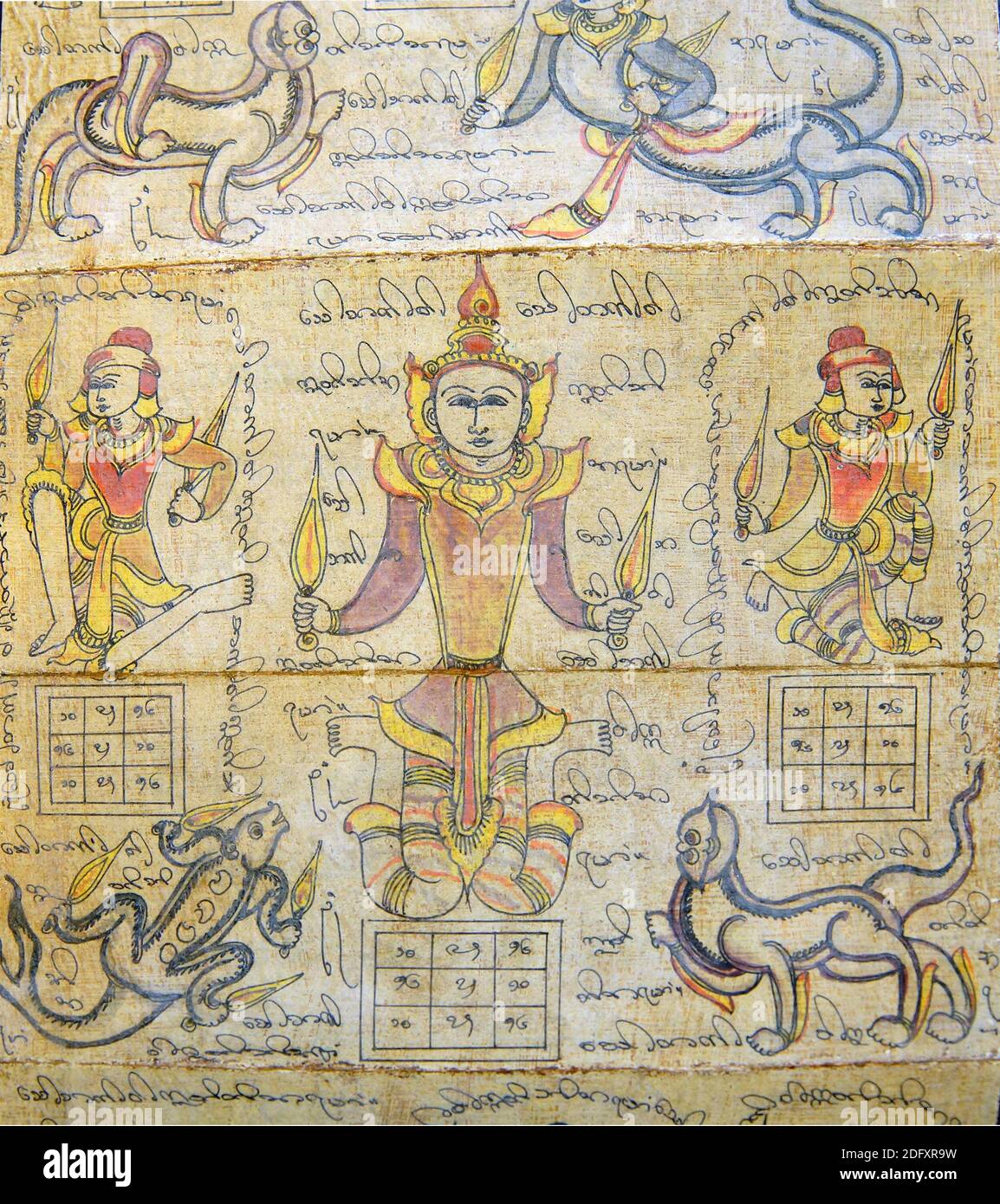 Astrologische Karte auf birmanischen Kalender zeigt Schutzgeister und mythische Tiere, Myanmar, Burma Stockfoto