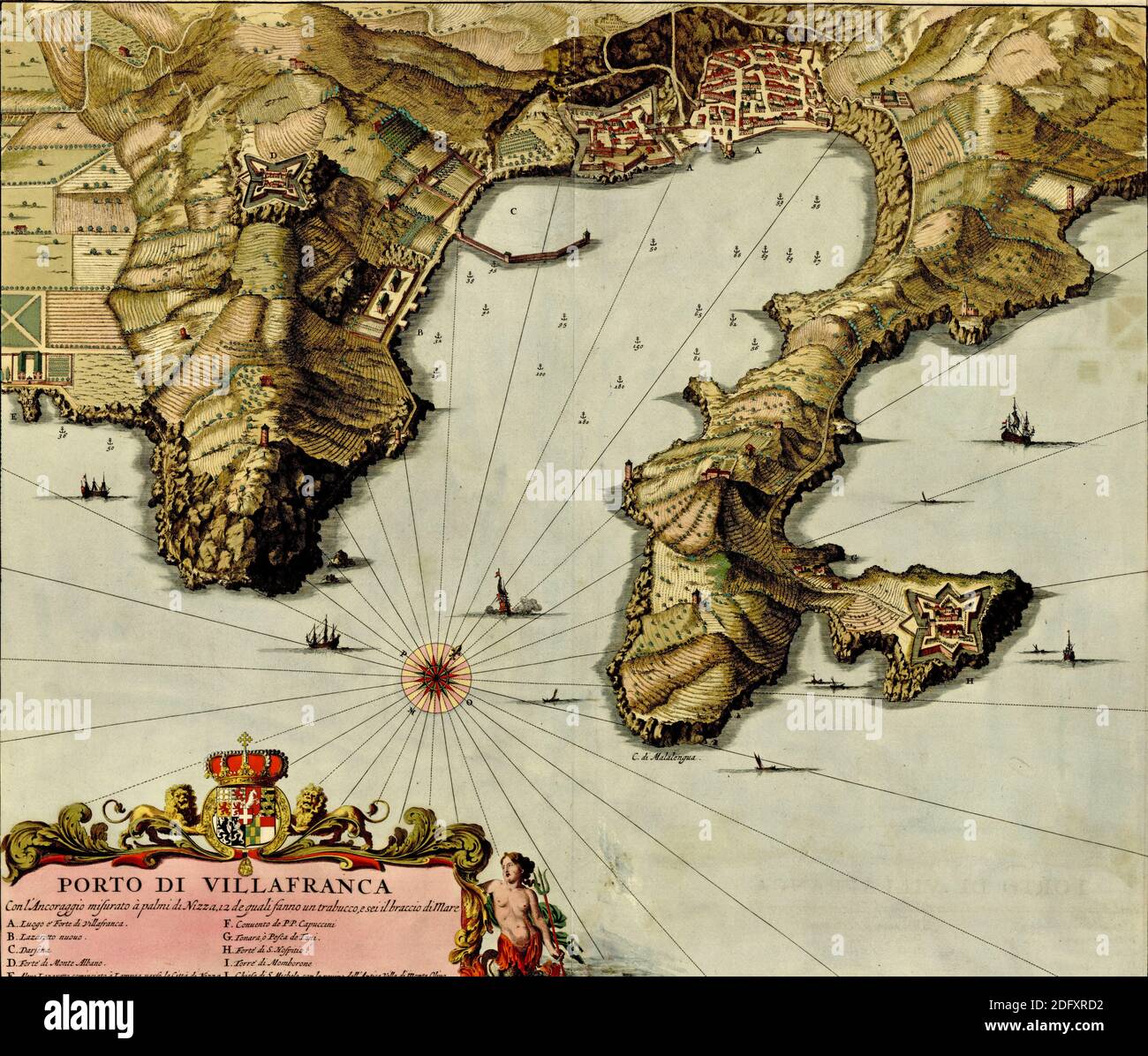 Antike Landkarte des Hafens von Villafranca aus dem Atlas der Befestigungsanlagen und Schlachten von Anna Beek und Gaspar Baillieu, ursprünglich im 17. Jahrhundert veröffentlicht Stockfoto