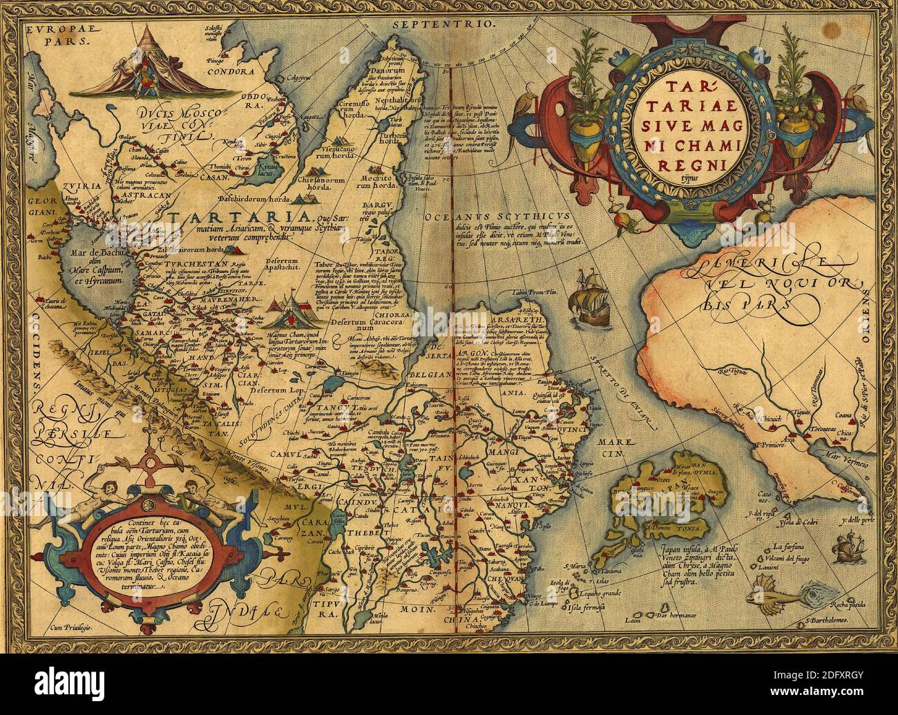 Antike Landkarte von Tartary, China und Japan von Abraham Ortelius, um 1570 Stockfoto