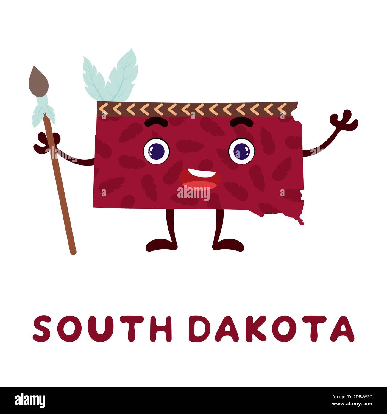 Niedliche Cartoon South Dakota Staat Charakter Cliparts. Illustrierte Karte des Bundesstaates South Dakota von USA mit Staatsname. Lustiges Charakter-Design für Kinder Stock Vektor