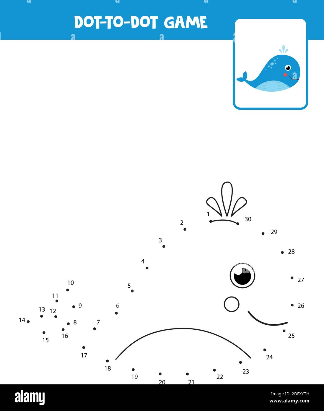 Dot to dot Spiel mit Cartoon niedlichen Wal. Verbinden Sie die Punkte. Mathe-Spiel. Punkt- und Farbbild. Stock Vektor