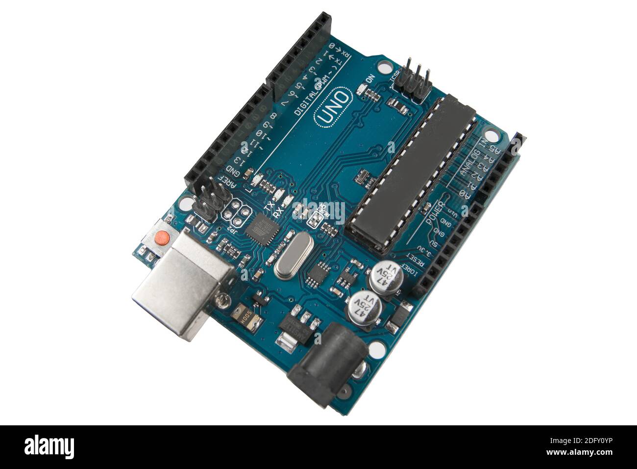 Micro arduino Controller Chip isoliert auf weißem Hintergrund. Stockfoto