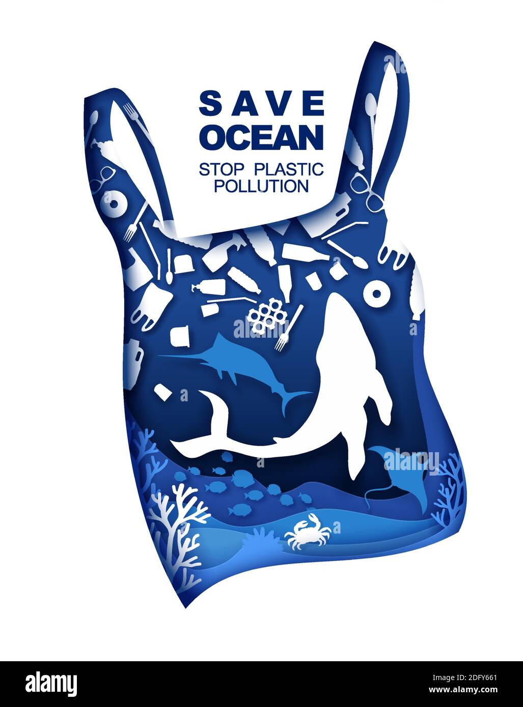 Sparen Sie den Ozean. Verhindern Sie die Verschmutzung durch Plastik. Vektorgrafik im Papierkunststil. Ozean Umweltproblem, Ökologie. Stock Vektor