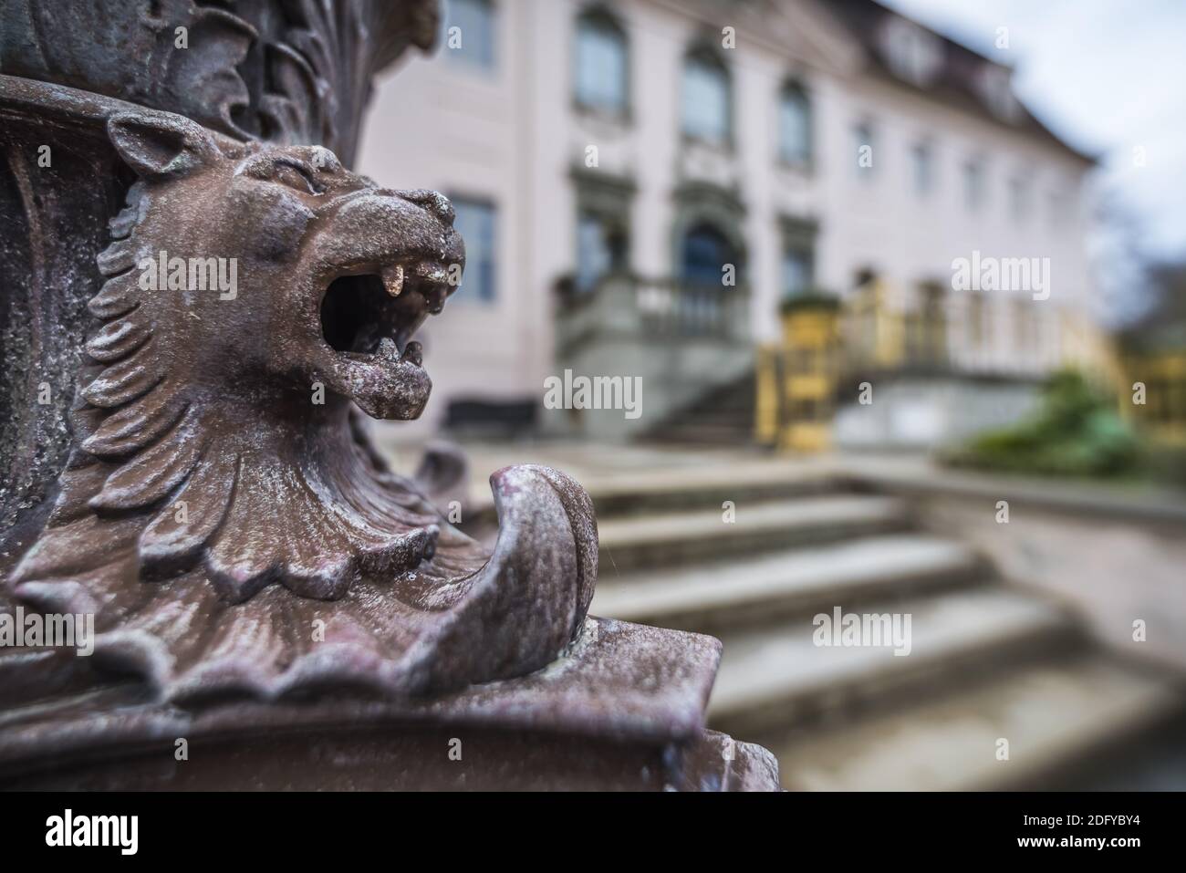 Kunstdetail vor dem Schloss Branitz Es zeigt einen Löwenkopf. Stockfoto