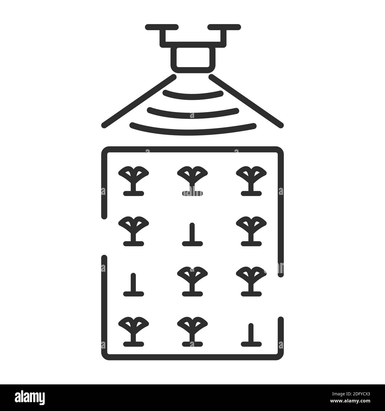 Eine Drohne überwacht ein Feld mit Pflanzen. Keimung der Samen. Intelligente Farm. Stock Vektor