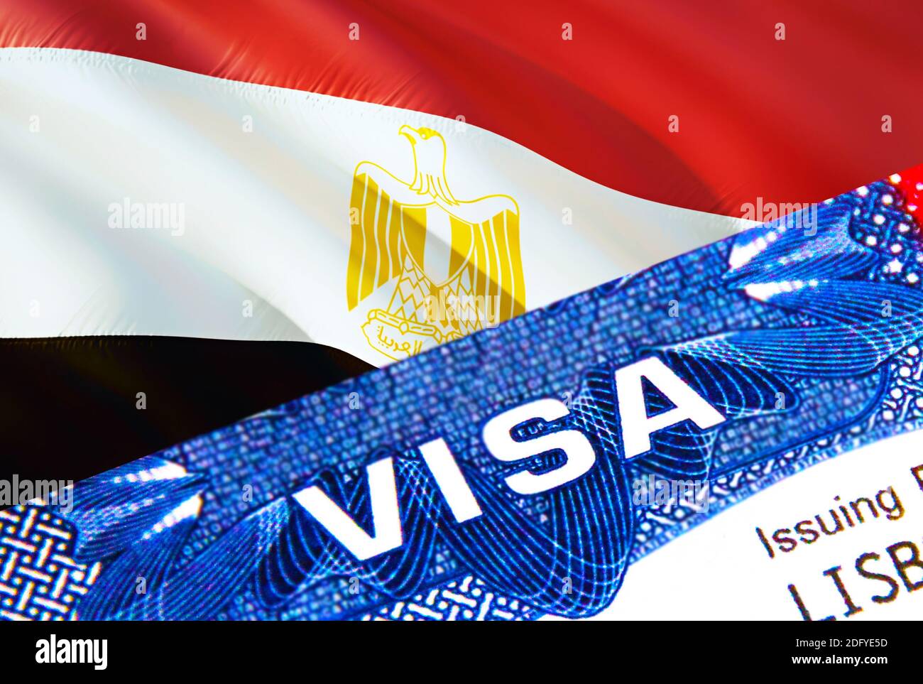 Text VISA auf Ägypten Visum Stempel im Pass. Pass Reisen ins Ausland Konzept. Reise nach Ägypten Konzept - selektiver Fokus, 3D-Rendering. Einwanderung und Stockfoto