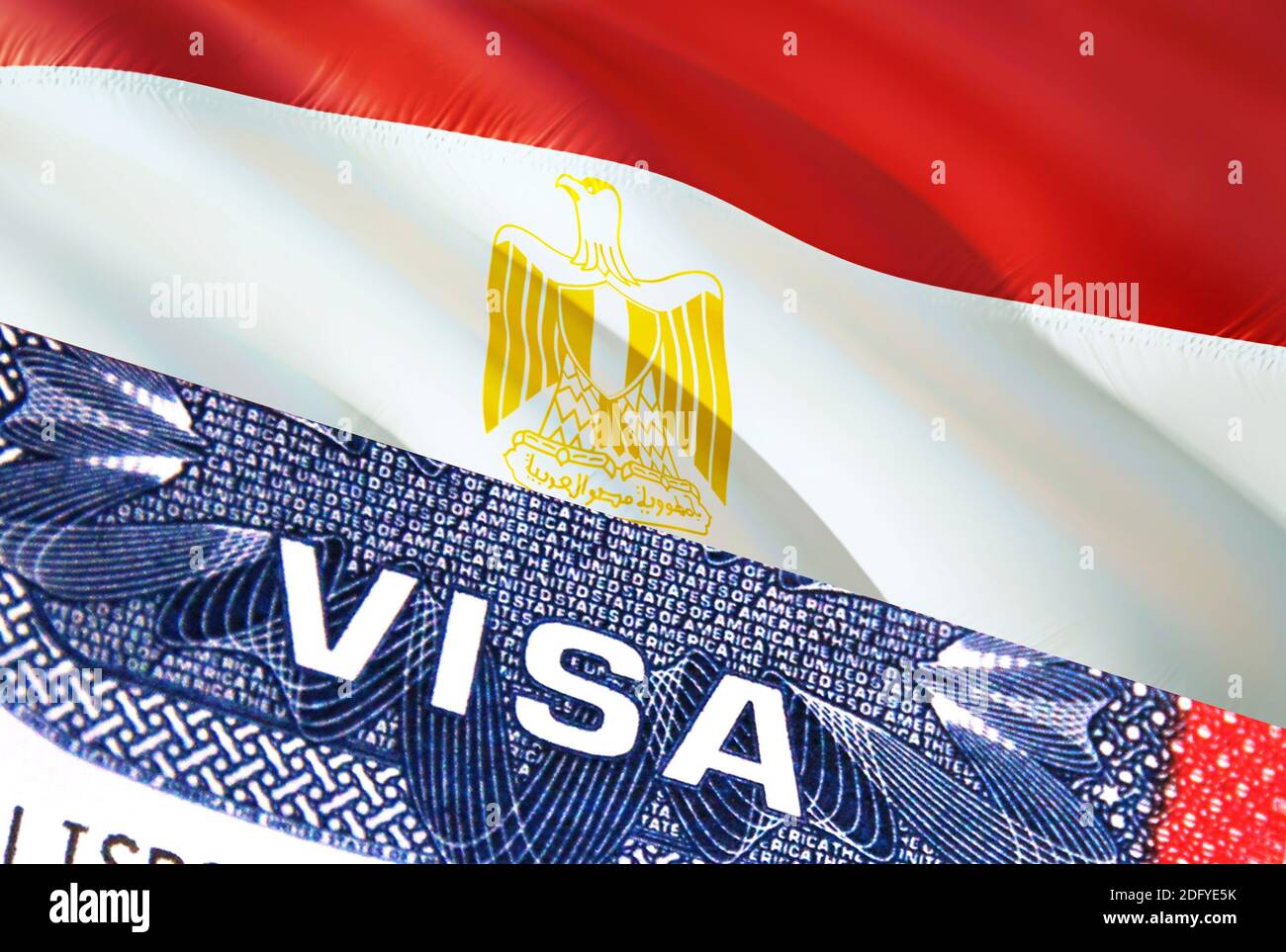 Ägypten Visa Dokument, mit Ägypten Flagge im Hintergrund. Ägypten Flagge mit Nahaufnahme Text VISA auf USA Visumstempel im Reisepass, 3D Rendering.Visa Passstempel Stockfoto