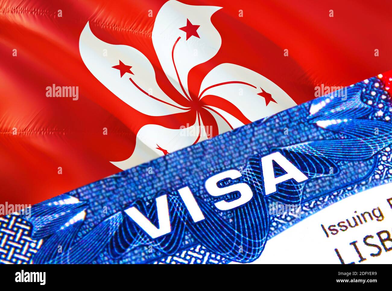 Hong Kong Visum Stempel im Pass mit VISA Text. Reisepassreisen ins Ausland Konzept. Reise nach