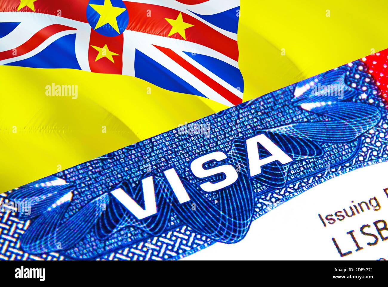 Niue Visa im Reisepass. USA Einwanderungsvisum für Niue Bürger mit Schwerpunkt auf Word VISA. Reise Niue Visum in nationalen Identifizierung Nahaufnahme, 3D-Rendering Stockfoto