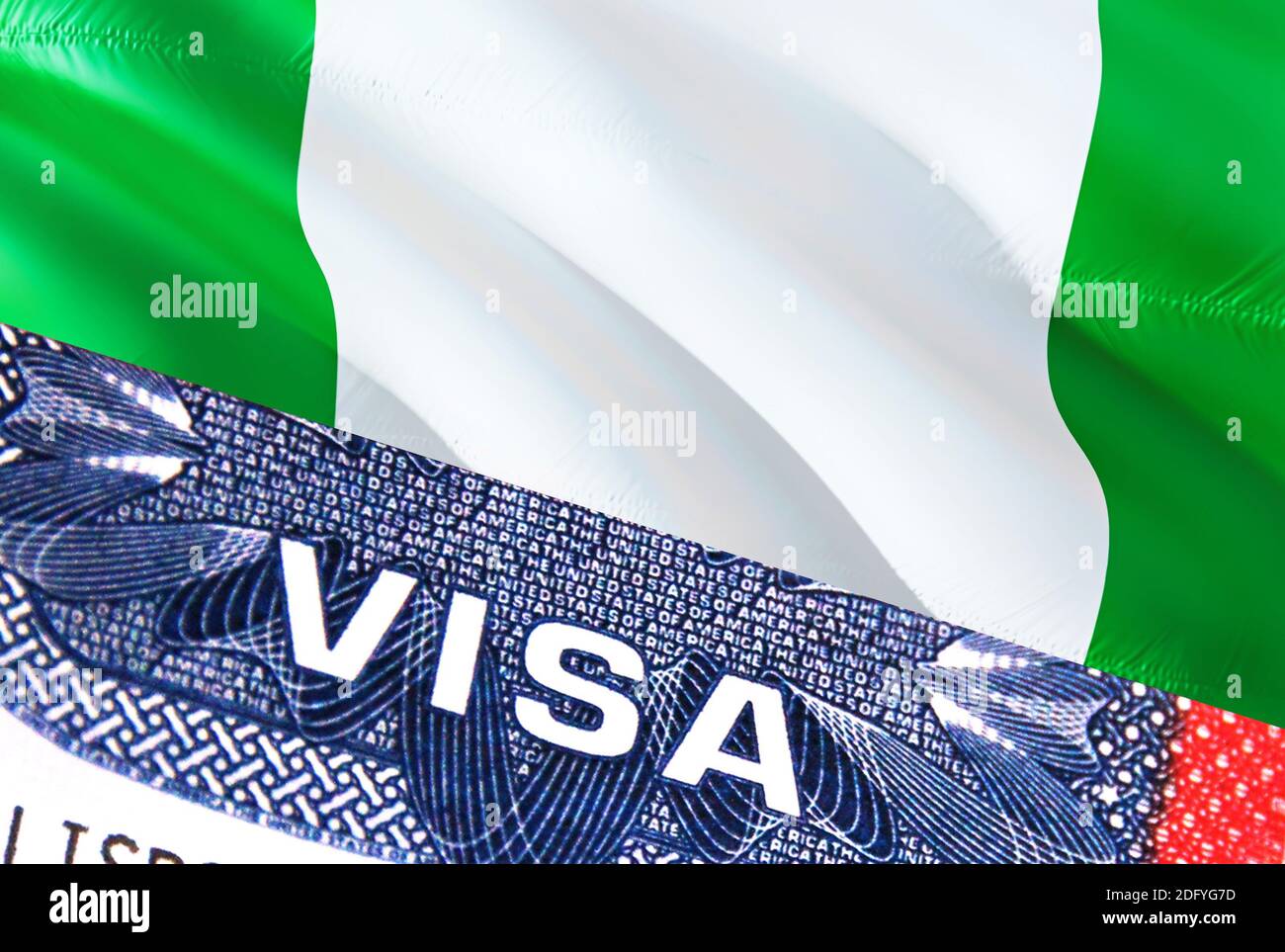 Nigeria Visa Dokument, mit Nigeria Flagge im Hintergrund. Nigeria Flagge mit Close Up Text VISA auf USA Visumstempel im Reisepass, 3D Rendering.Visa Pass Stockfoto