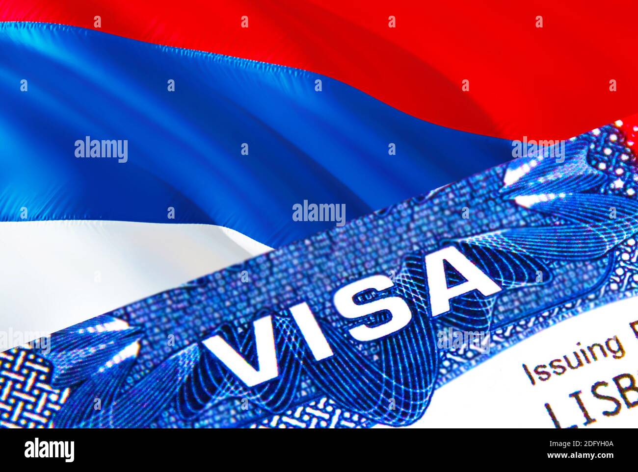 Serbien Visa-Stempel im Reisepass mit VISA-Text. Reisepassreisen ins  Ausland Konzept. Reise nach Serbien Konzept - selektiver Fokus,  3D-Rendering. Einwanderung Stockfotografie - Alamy