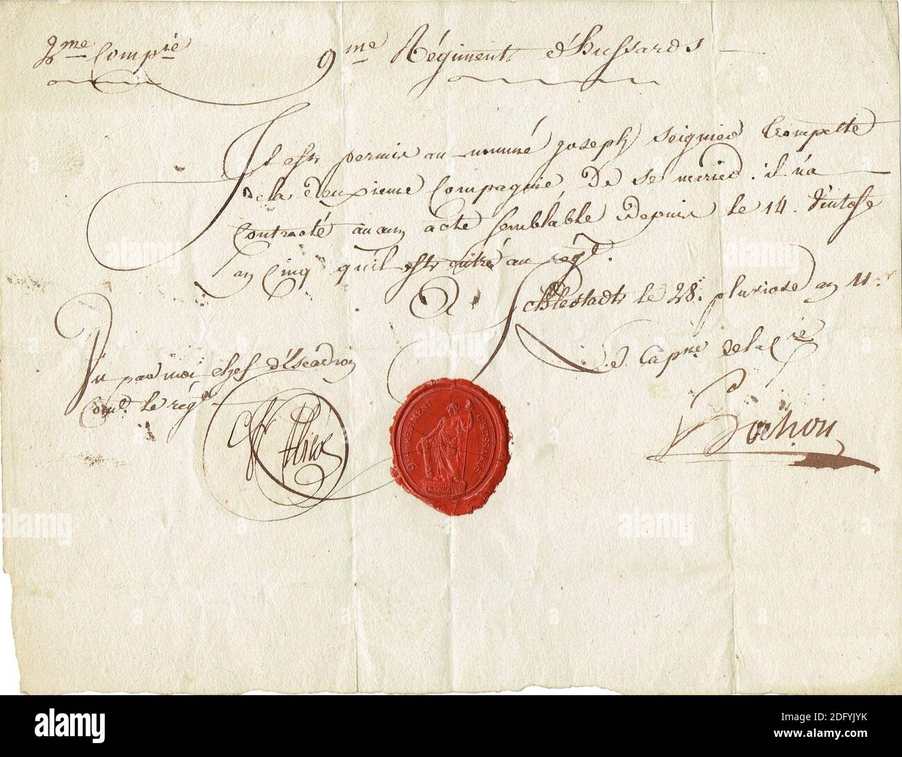 Autorisation de mariage pour un trompette du 9e hussards en l'an 11 Stockfoto