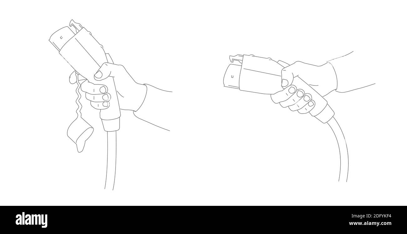 Lineare Abbildung der Hand hält Laden für Elektroauto. Zwei Handpositionen, Linienladegerät mit Draht, realistische Umrissgrafik, Elektroauto Stock Vektor