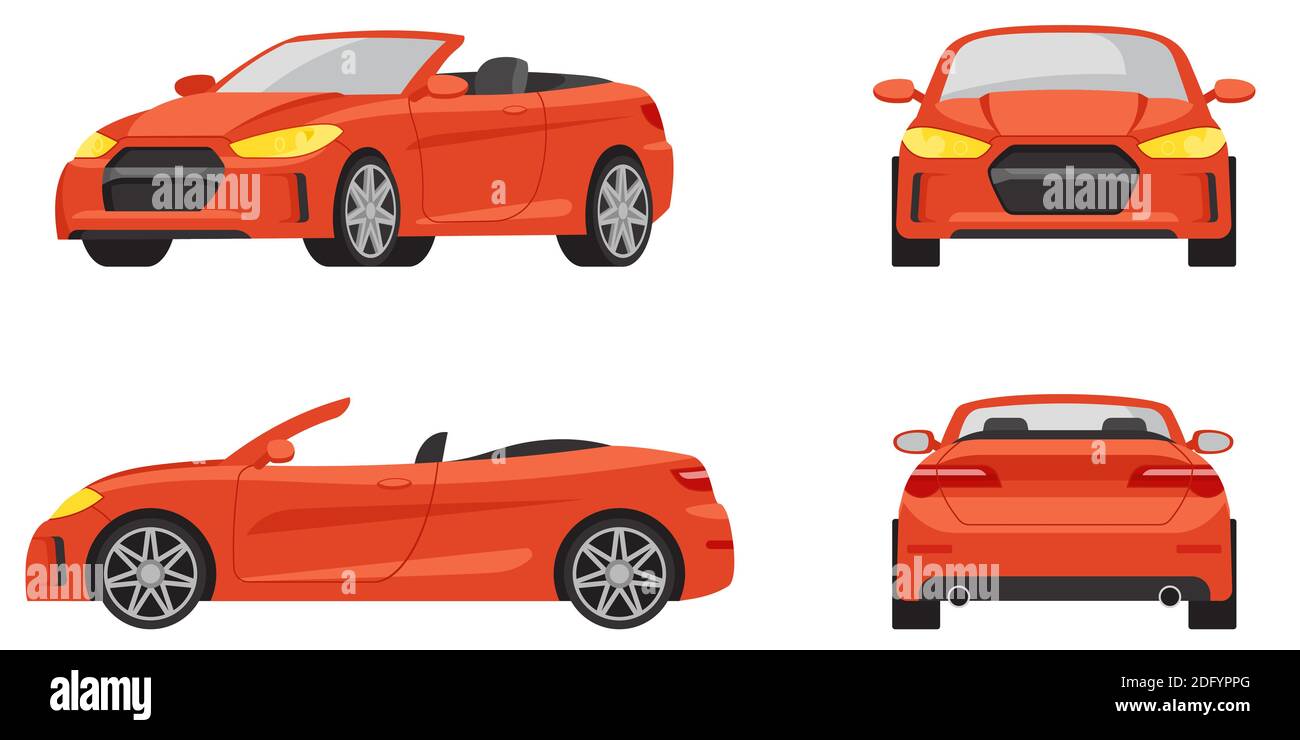 Cabriolet in verschiedenen Winkeln. Rotes Automobil im Cartoon-Stil. Stock Vektor