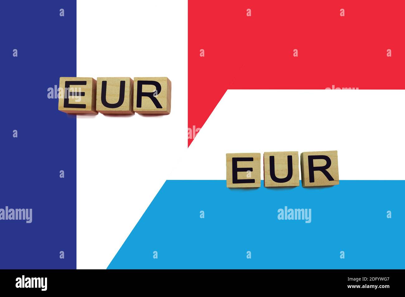 Frankreich und Luxemburg Währungen Codes auf nationalen Flaggen Hintergrund. Internationales Geldtransferkonzept Stockfoto