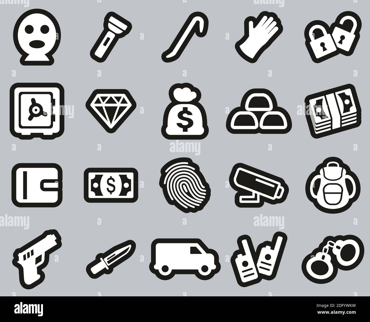 Dieb Oder Einbrecher Icons Weiß Auf Schwarz Sticker Set Groß Stock Vektor