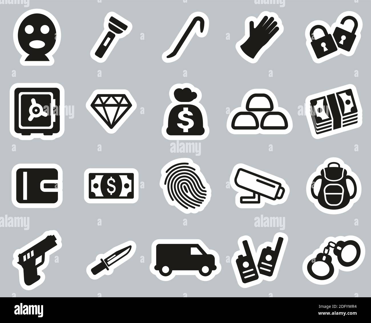 Dieb Oder Einbrecher Icons Schwarz & Weiß Sticker Set Groß Stock Vektor