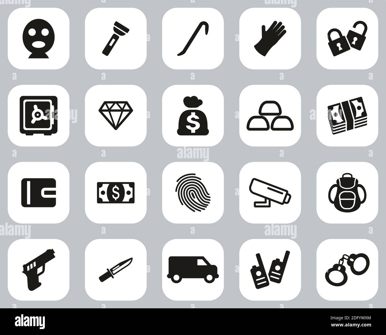 Dieb Oder Einbrecher Icons Black & White Flat Design Set Groß Stock Vektor