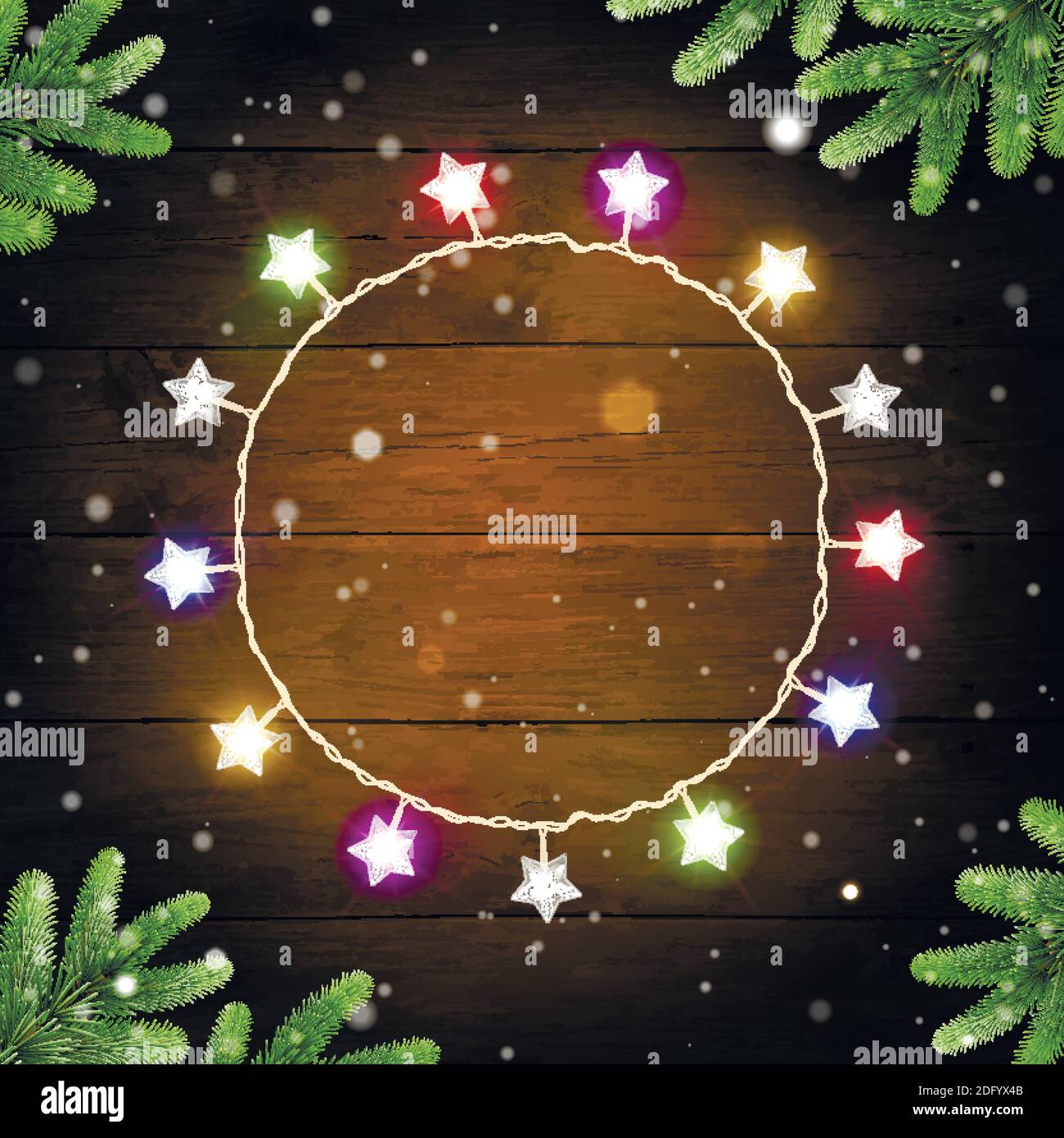 Weihnachtshintergrund mit bunten leuchtenden Girlande und Fichtenzweigen Stock Vektor