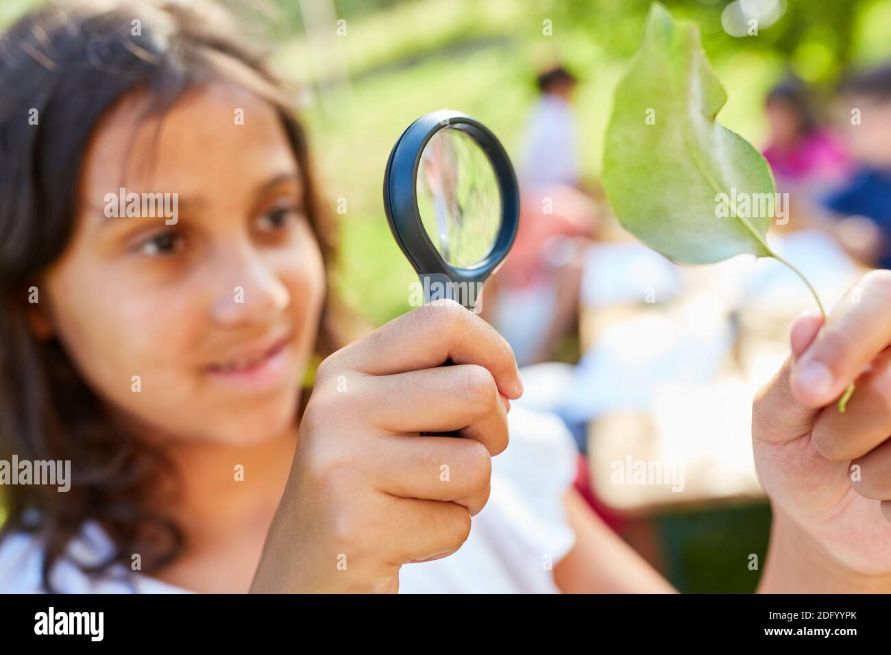 Mädchen im Sommerlager Biologiekurs neugierig schaut auf Blatt Durch Vergrößerungsglas Stockfoto
