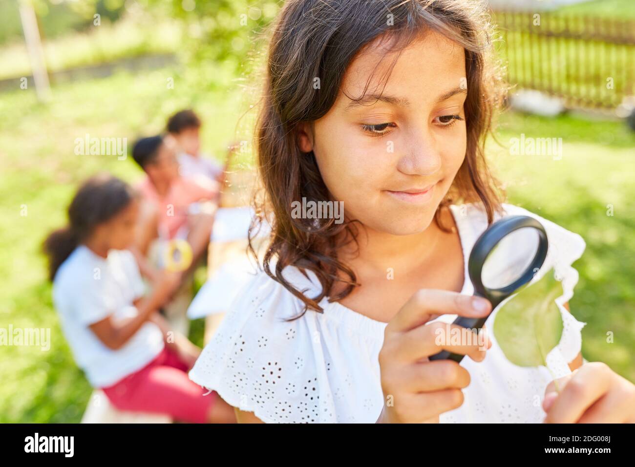 Mädchen als Forscher schaut durch eine Lupe an Ein Blatt im ökologischen Sommerlager Stockfoto