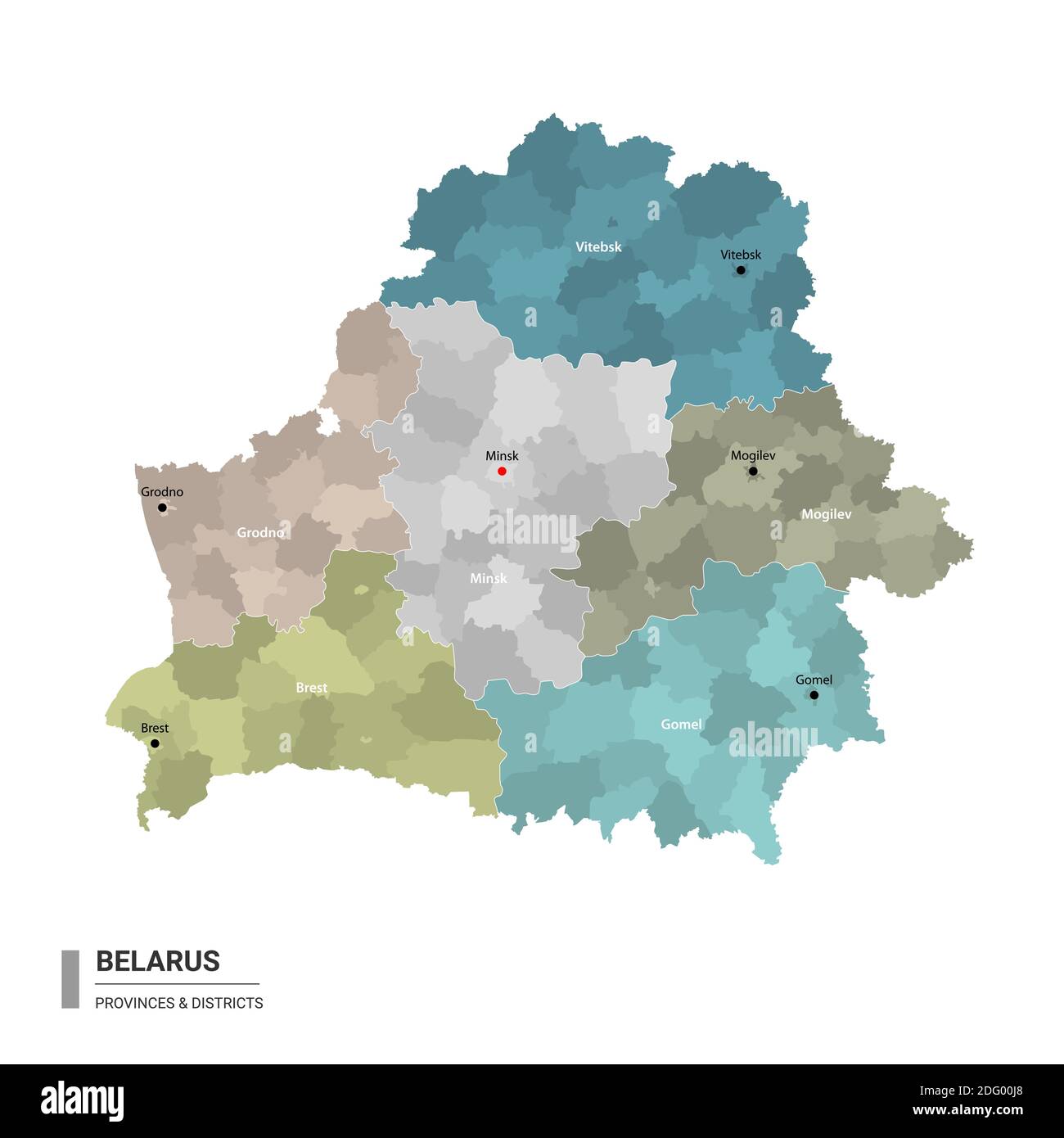 Weißrussland Higt Detailkarte mit Unterteilungen. Verwaltungskarte von Belarus mit Bezirken und Städten Namen, farbig nach Staaten und administrative distrip Stock Vektor