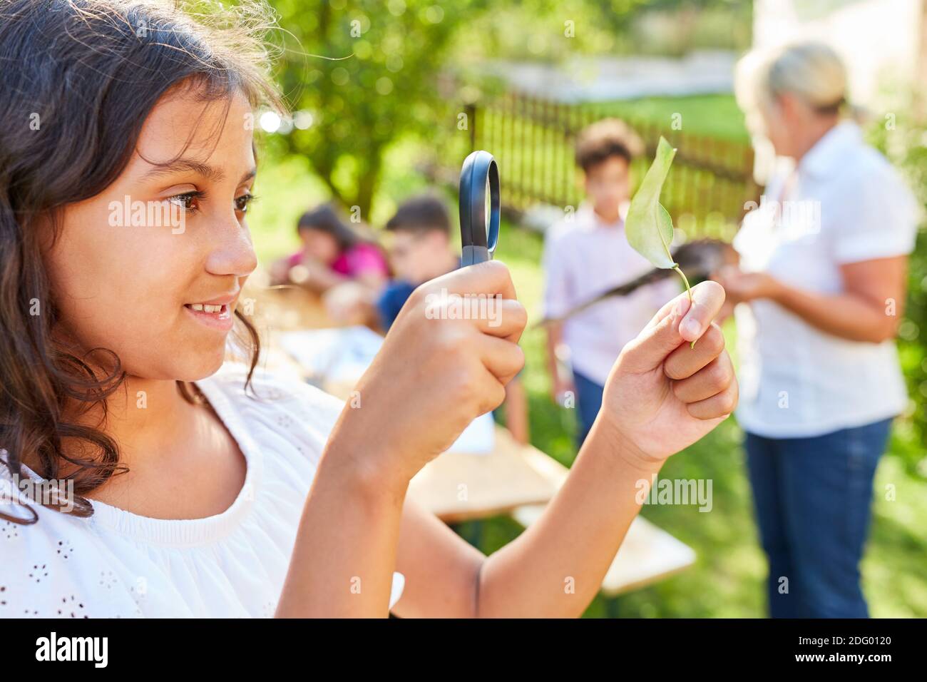 Neugieriges Mädchen schaut durch eine Lupe auf ein Blatt Der Biologie Urlaub Kurs Stockfoto