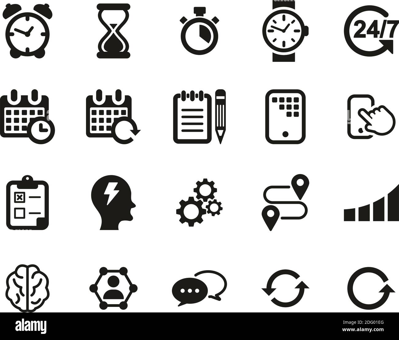 Zeitmanagement-Symbole Schwarz-Weiß Set Groß Stock Vektor