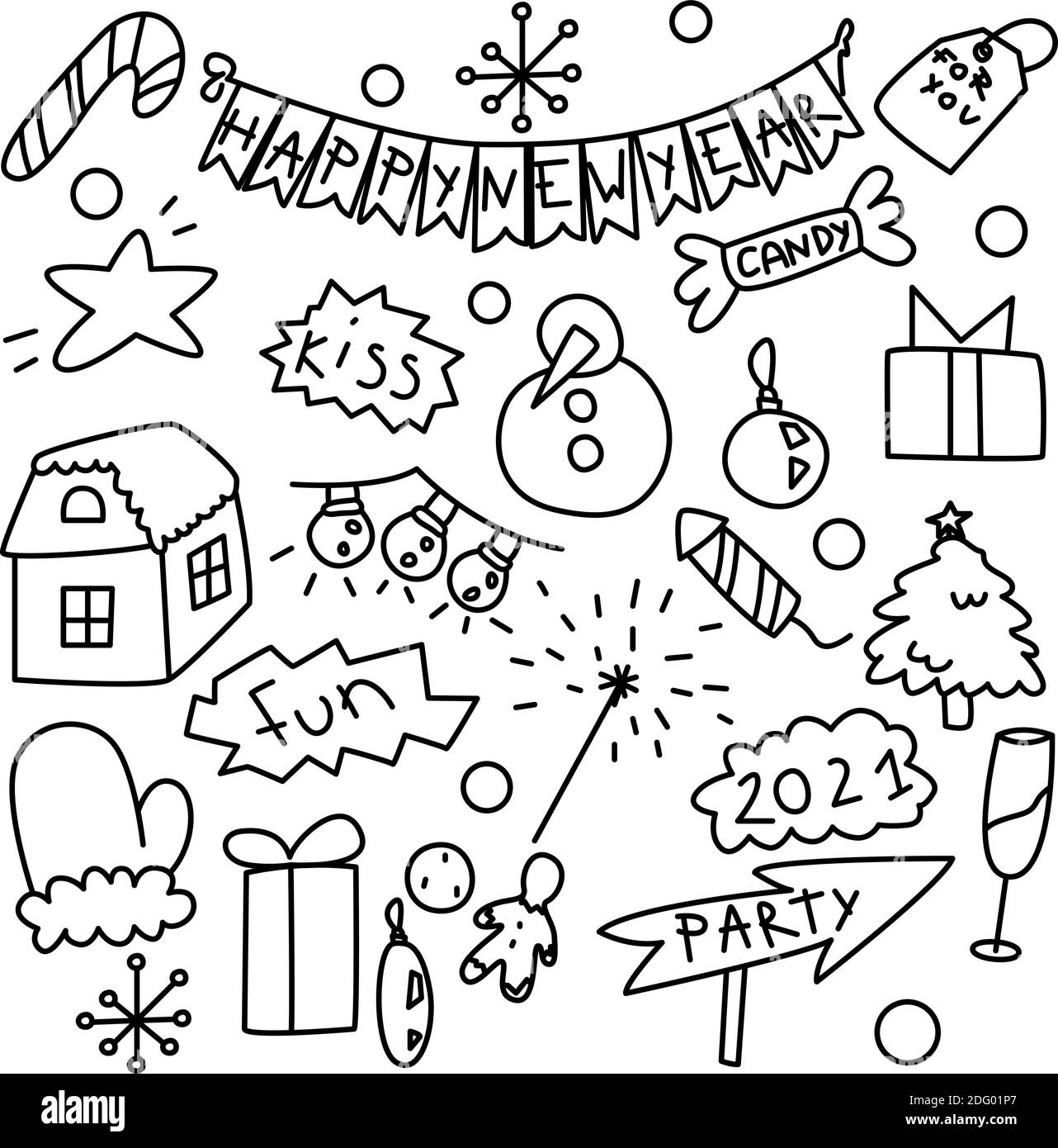 Silvester Party doddle Symbole. Skizzieren Sie isolierte Weihnachten und Neujahr Icon-Set. Handgezeichnete niedliche Bilder. Stock Vektor