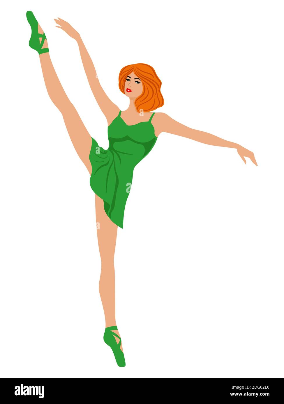 Elegante Ballerina in grünem Kleid in spitzenschuh, Handzeichnung Vektor, isoliert auf dem weißen Hintergrund Stock Vektor