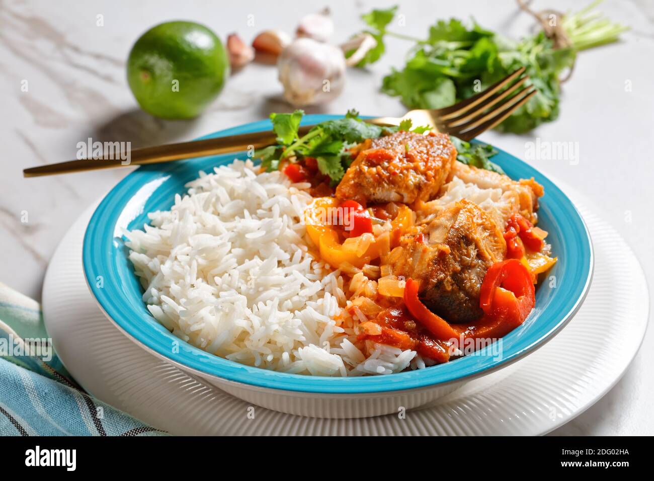 Moqueca baiana - brasilianische Fischeintopf mit Paprika, Limette, gehackte Tomaten, Kokosmilch, serviert auf einem Teller mit Langkornreis, Koriander auf einem ma Stockfoto