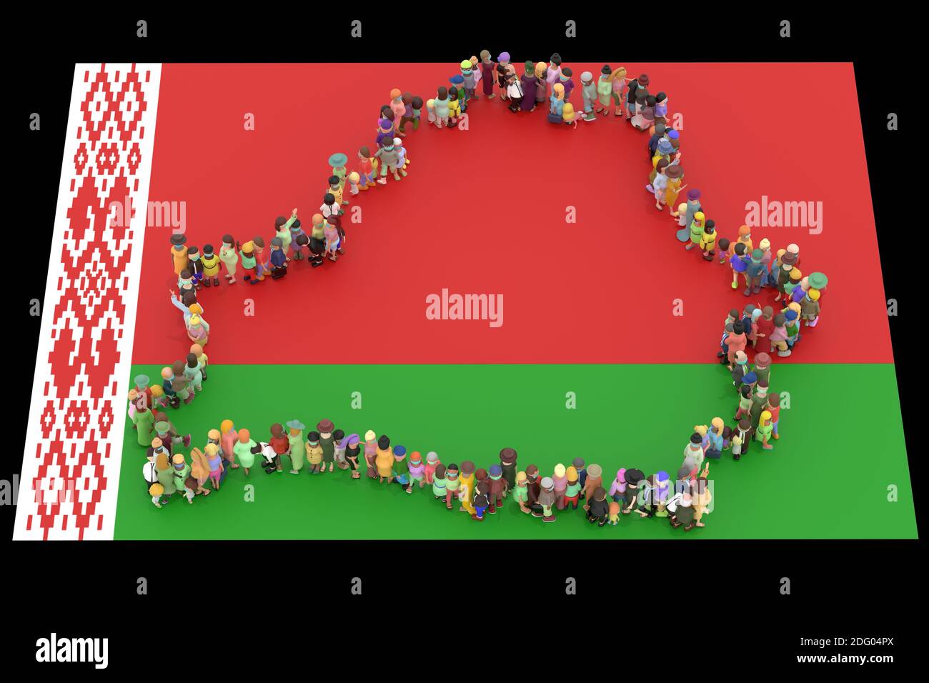 Große Menschenmenge mit Maske 3D gerendert aus gesehen Oben in Form der Weißrusslandkarte Stockfoto